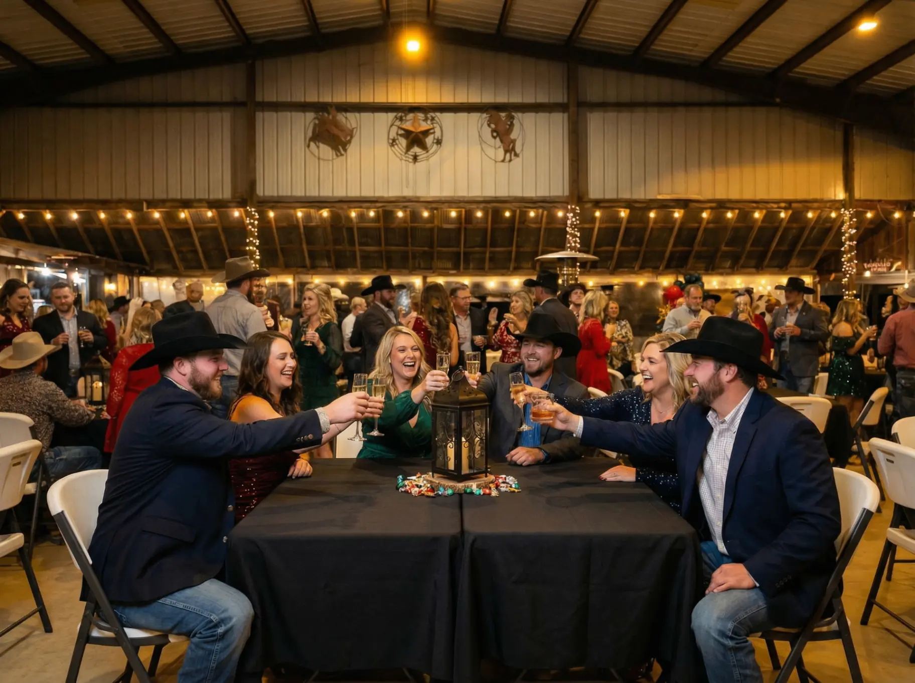 Corporate holiday dinner celebration with toasts at Texas ranch event venue