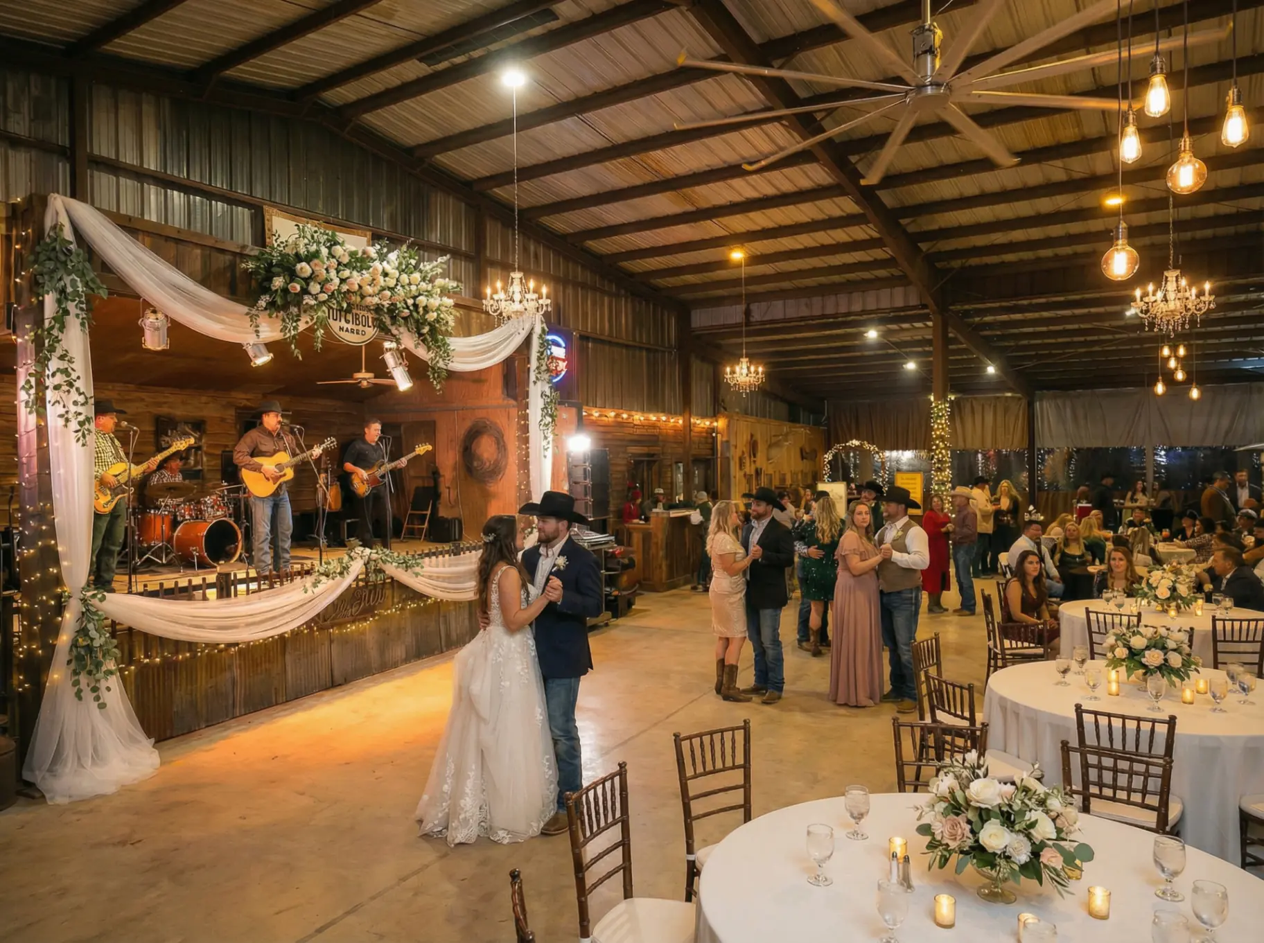Wedding reception dance floor at Texas ranch venue