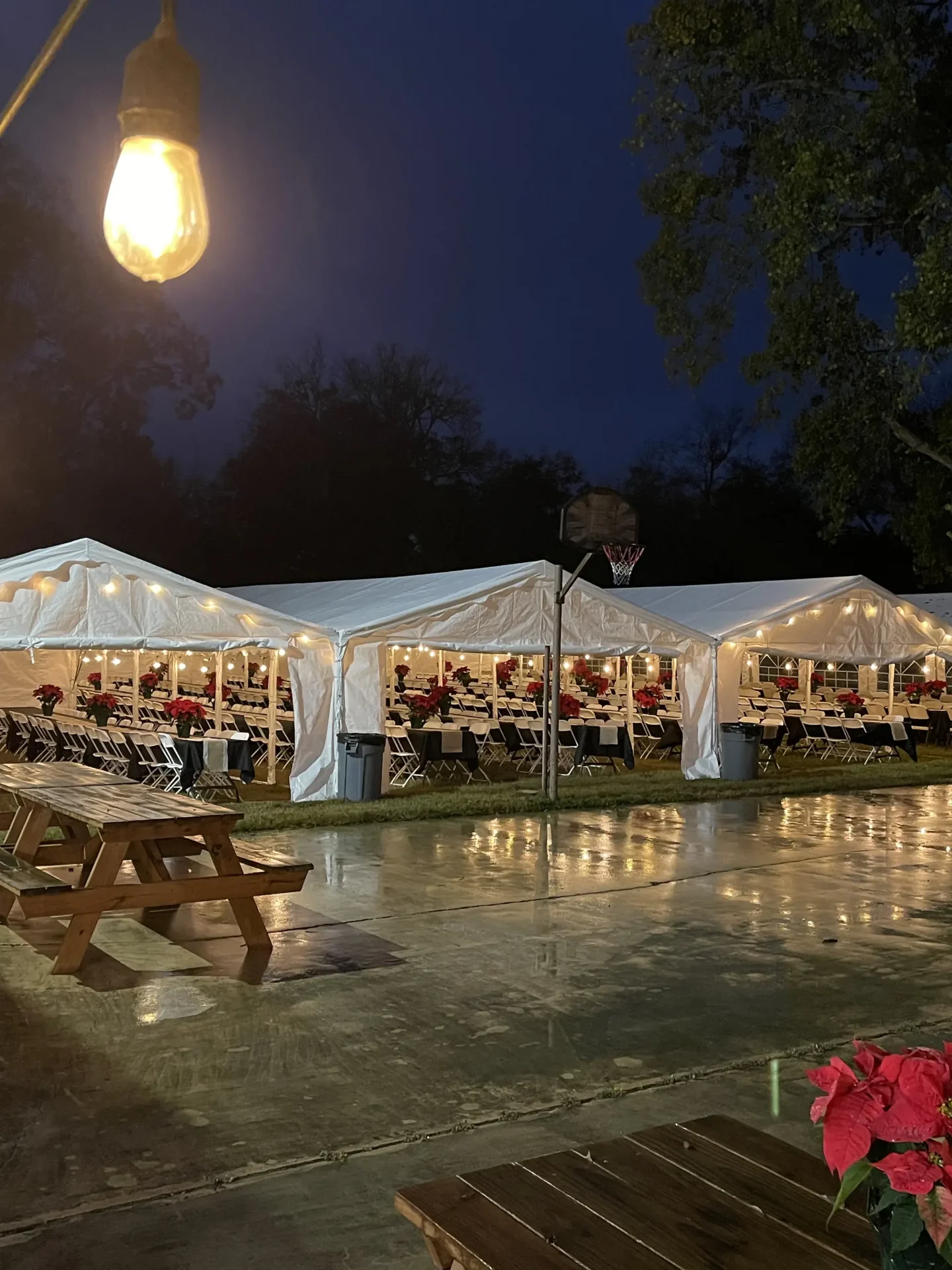 Holiday party tents at night Texas event venue