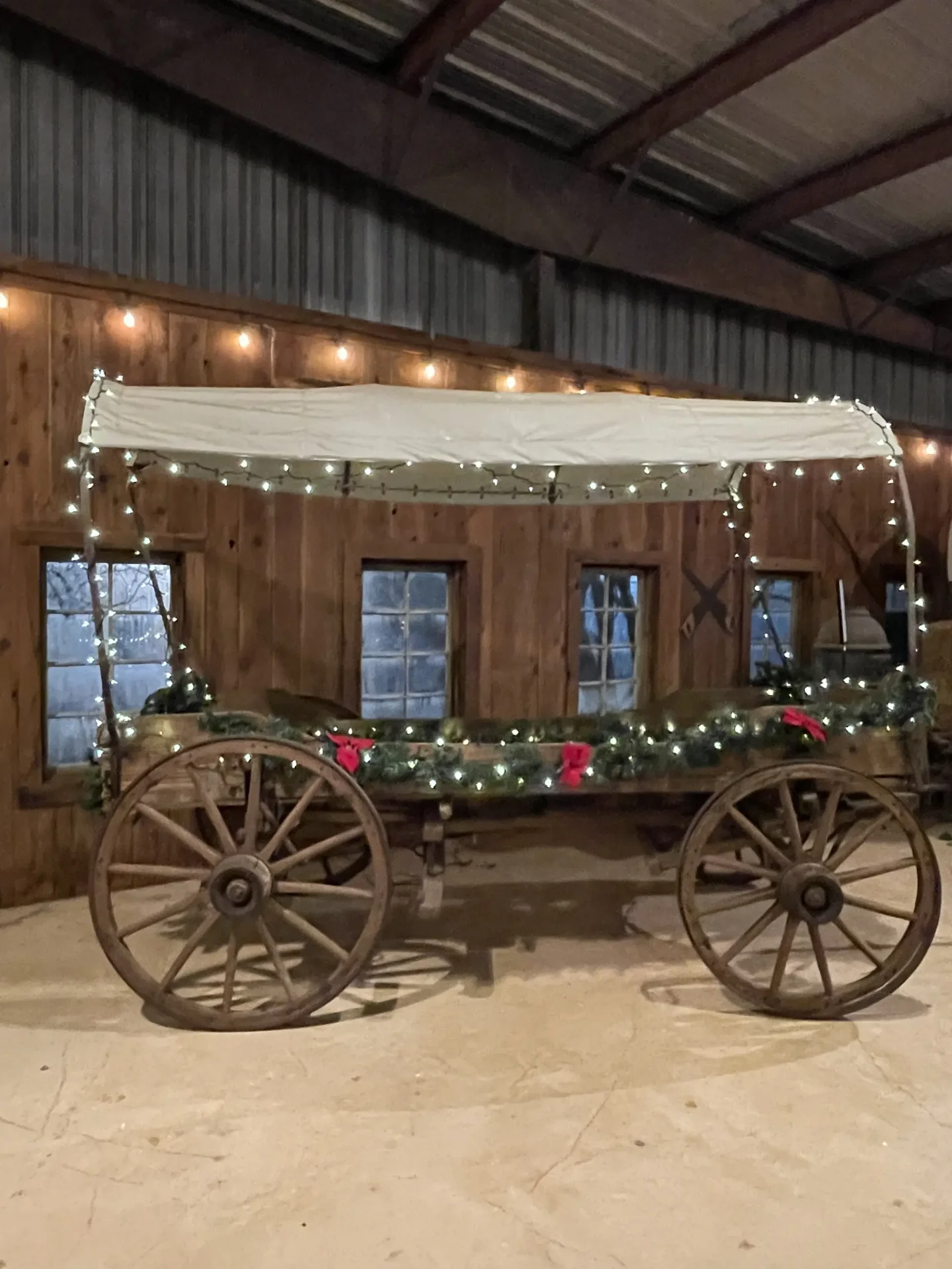 Holiday wagon with lights at Texas ranch venue