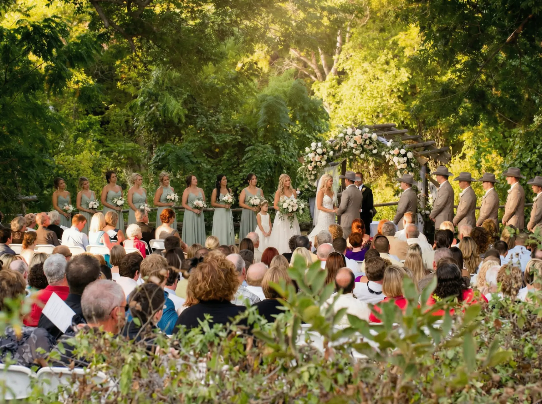 Outdoor wedding ceremony under oak trees beside creek near San Antonio