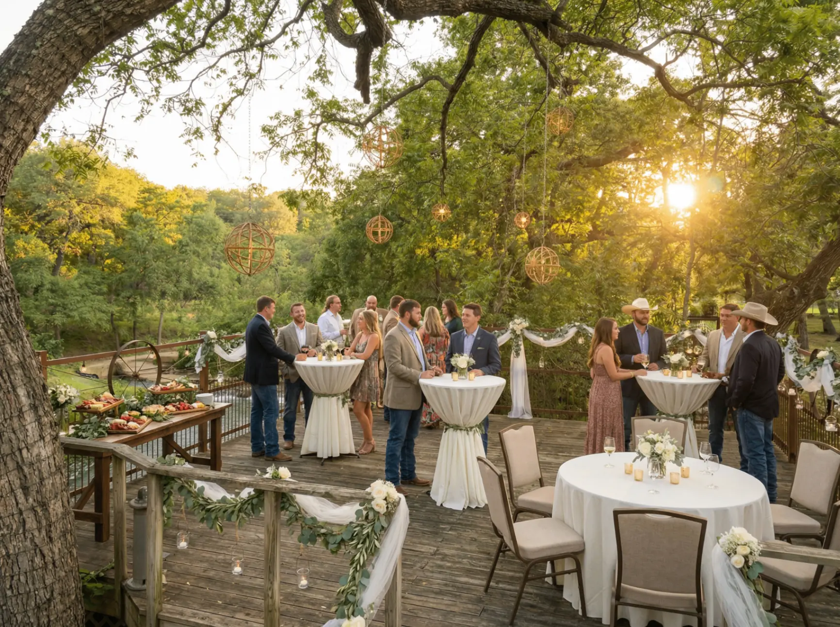 Wedding cocktail hour on deck overlooking Texas creek
