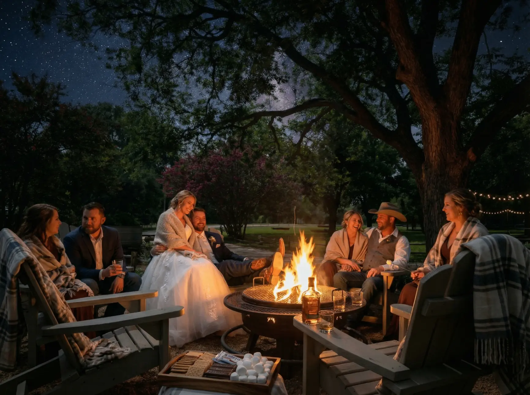 Wedding after-party around stone fire pit at Texas ranch