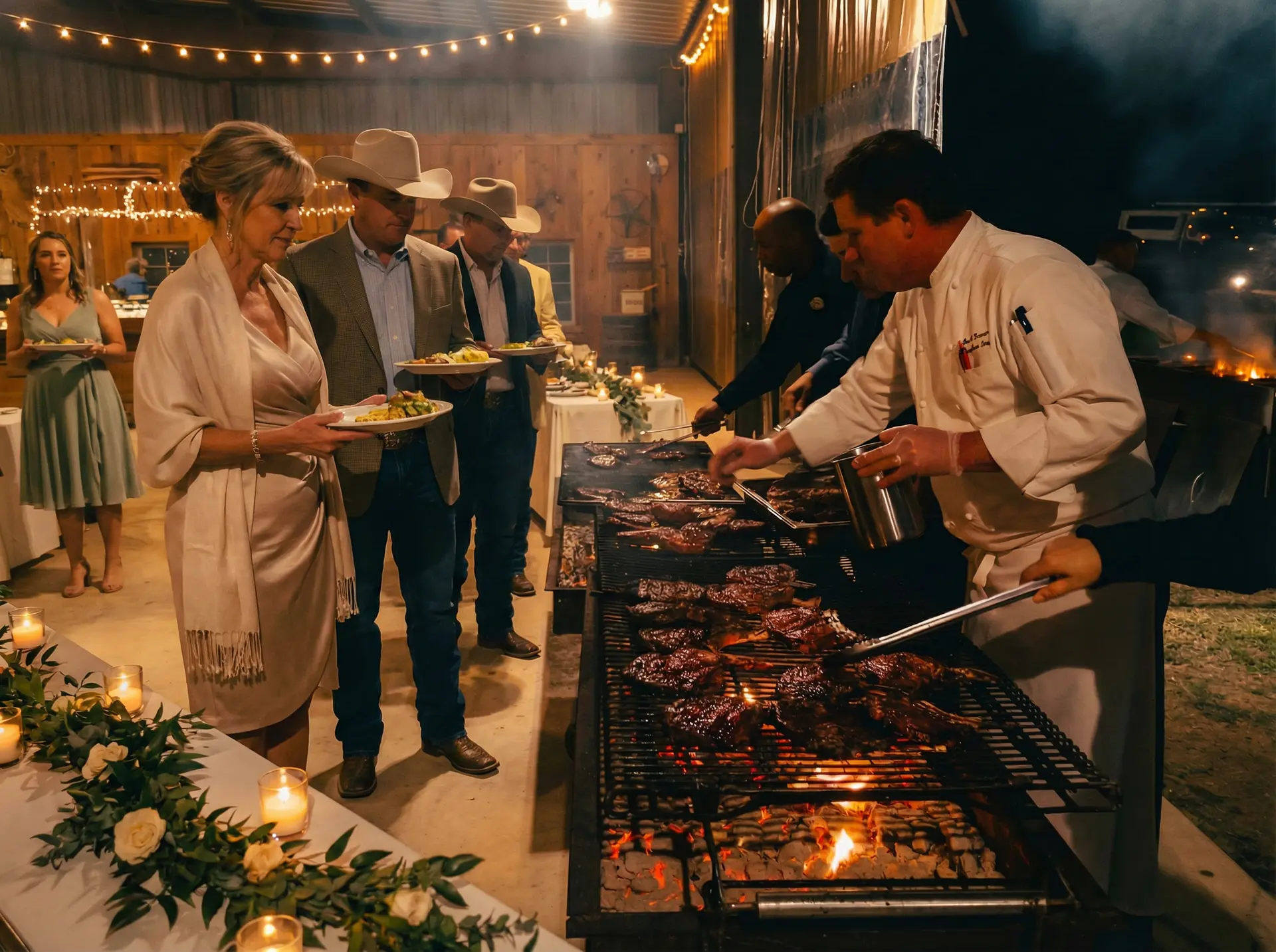 Chef grilling steaks at wedding reception
